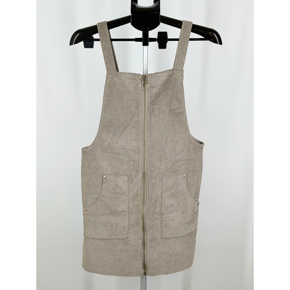 She + Sky Corduroy Jumper Dress Taupe Gray Full Zip Mini Overall Dress Small